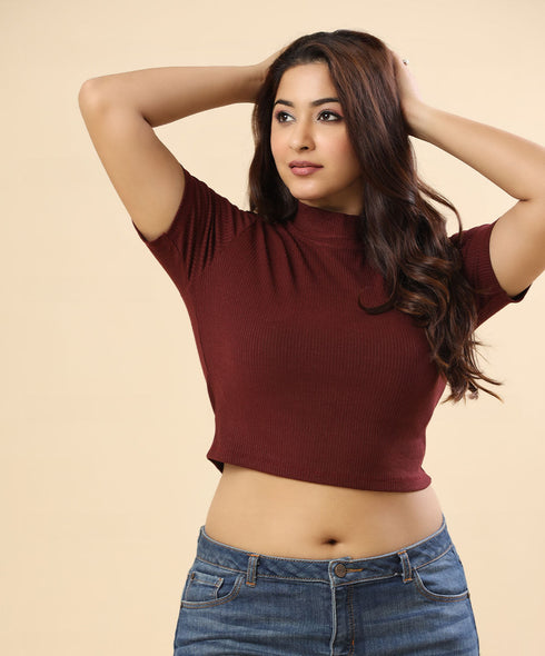 Half Sleeve High Neck Crop Top