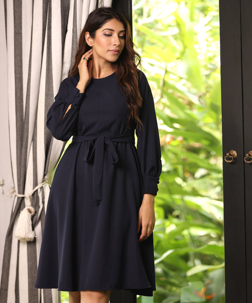 Long Sleeve Gathered Navy Dress