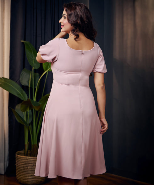 Curve Neck Puffed Sleeve Pink Dress