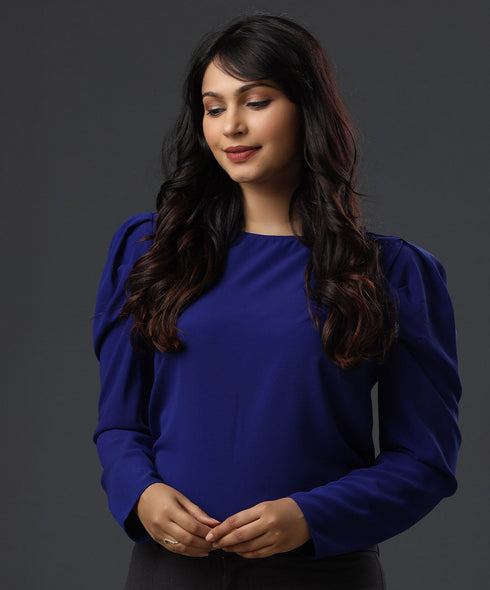 Long Sleeve Detailed Blue Chiffon Top