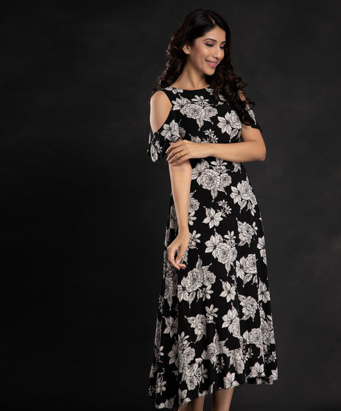 Black White Floral Printed Viscose Dress