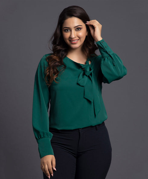 Green Chiffon Top With A Neck Tie