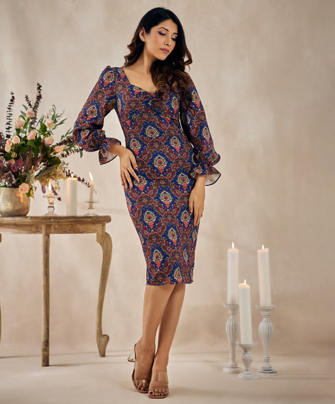 Sweetheart Neck Flounce Sleeve Layered Hem Dress