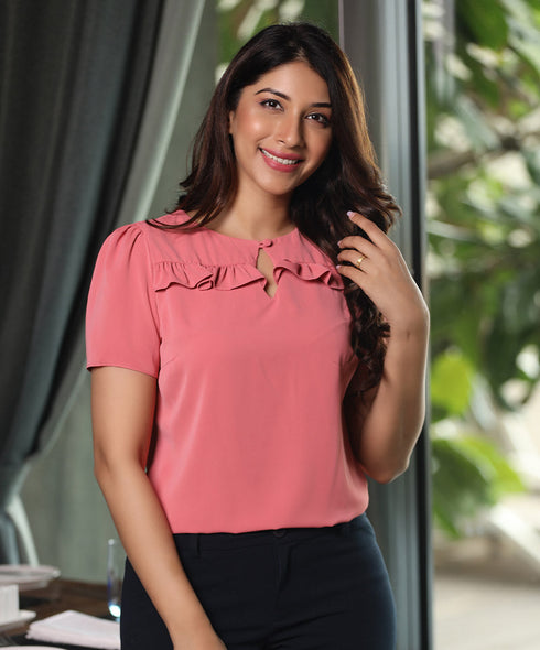 Front Frilled Sleeve Detailed Pink Top