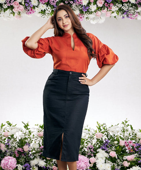 Front Slit Shift Linen Skirt