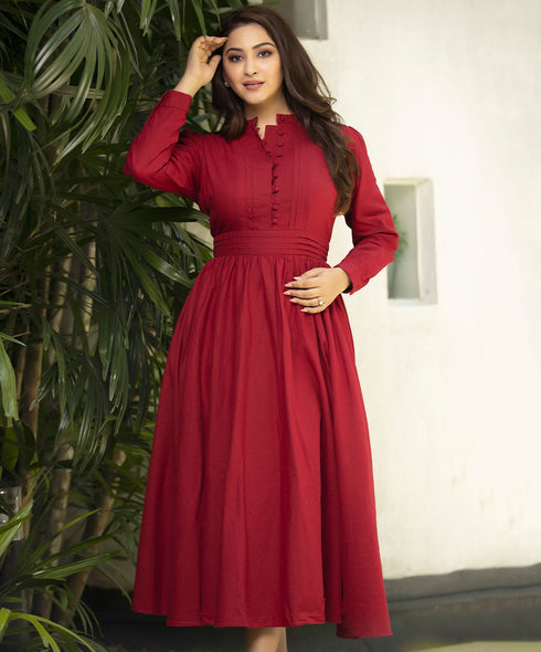 Maroon Front Detailed Linen Midi Dress