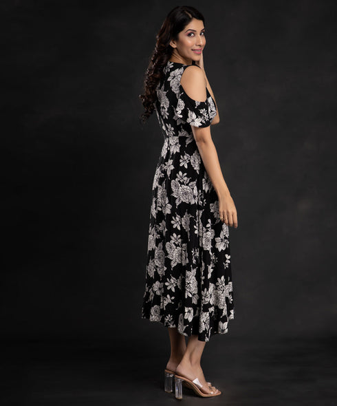 Black White Floral Printed Viscose Dress