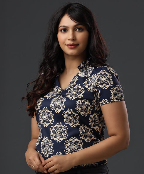 Vneck Gathered Detailed Sleeve Printed Top