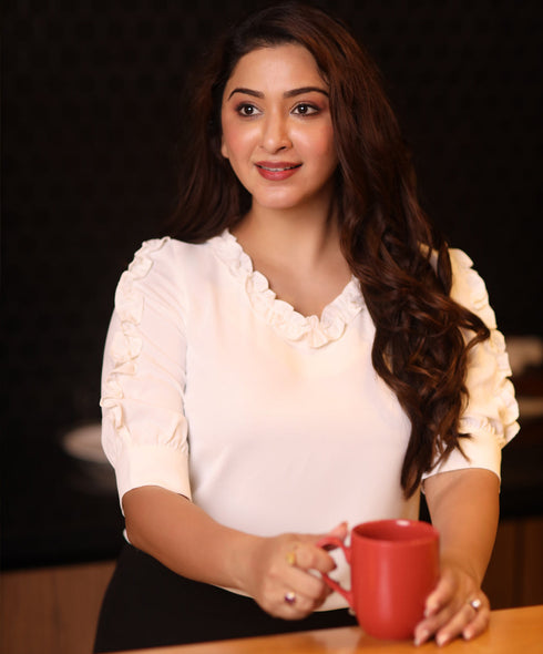 Vneck Ruffle Gathered Chiffon White Top