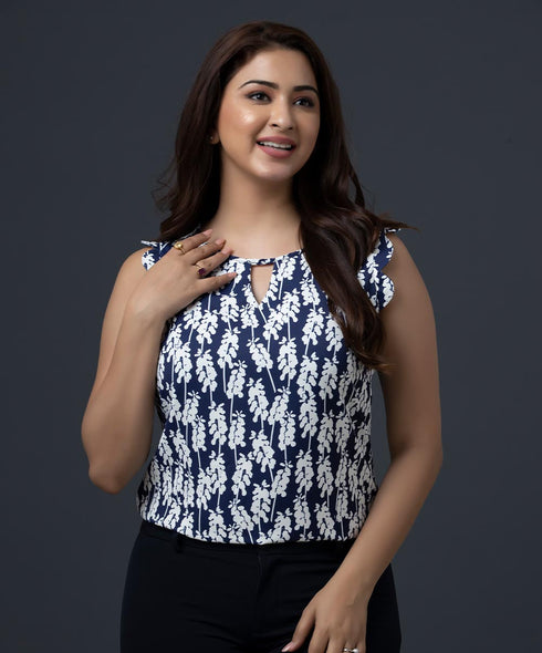 Navy Vine Sleeve Scallop Edge Printed Top