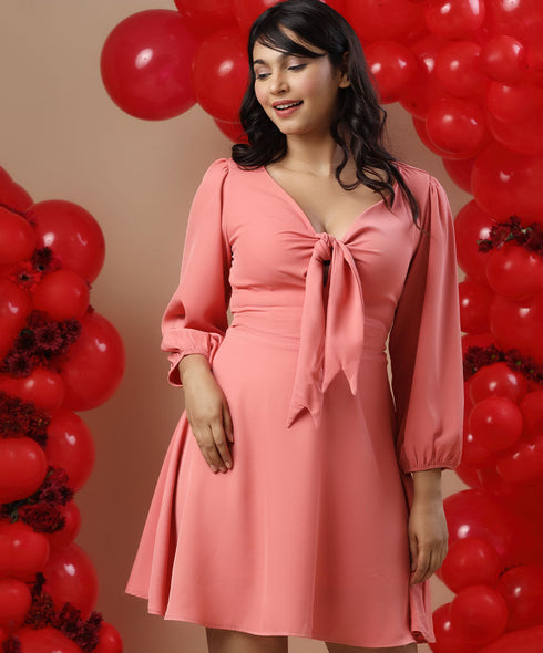 Bow Tie Deep Vneck Pink Dress