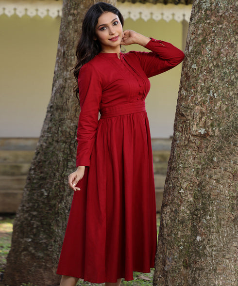 Maroon Front Detailed Linen Midi Dress