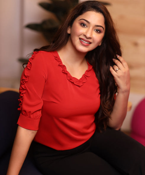 Vneck Ruffle Gathered Chiffon Red Top