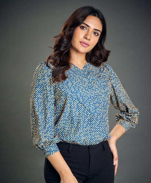 Navy Yellow Printed Side Pleated Top