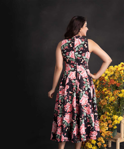 V Cut Neck Printed Midi Dress