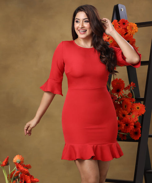 Frilled Half Sleeve Red Mini Dress