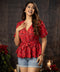 Red Printed Puff Sleeve Wrap Top