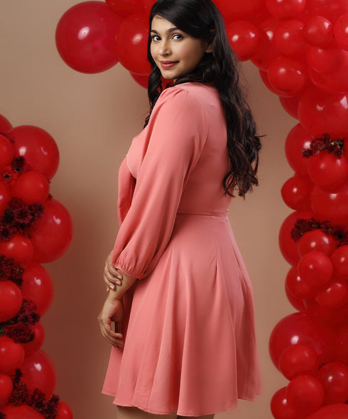 Bow Tie Deep Vneck Pink Dress