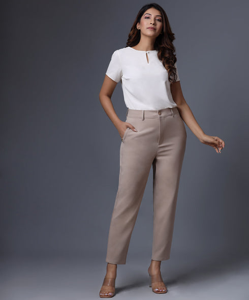 Solid High Waist Belted Beige Trousers
