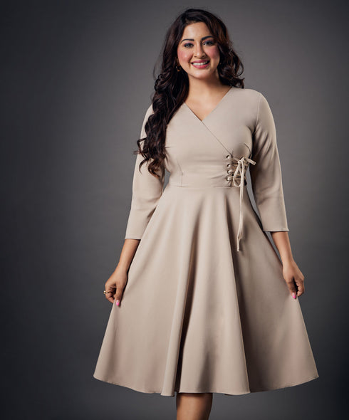 Side Looped Skater Beige Dress