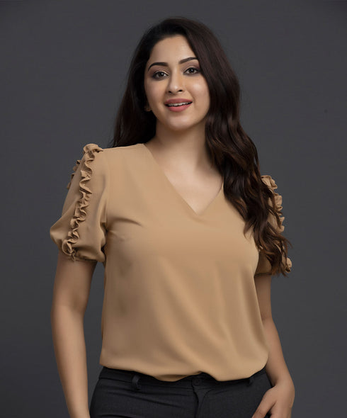 Sleeve Frilled Vneck Chiffon Top Brown