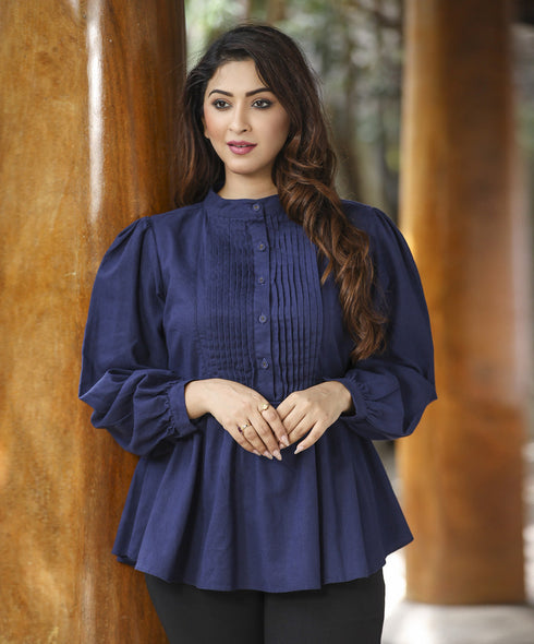 Navy Blue Linen Peplum Top