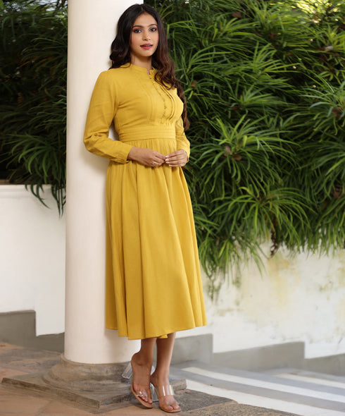 Mustard Front Detailed Linen Midi Dress