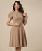 Front Neck Pleated Skater Beige Dress