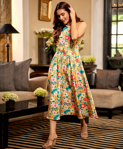 Halter Neck Floral Elegant Midi Dress