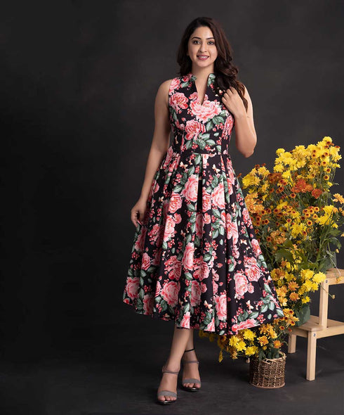 V Cut Neck Printed Midi Dress