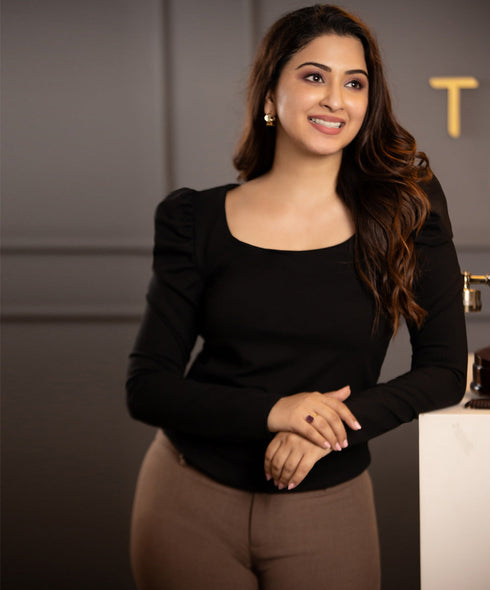 Black Ponte Sleeve Puffed Gathered Top