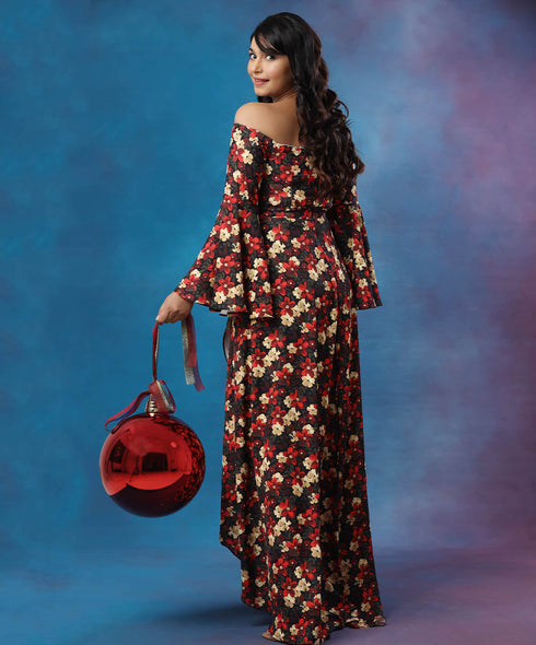 High Low Printed Sleeve Flared Maxi