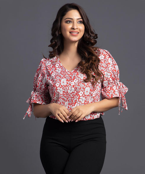 Vneck Sleeve Detailed Chiffon Printed Top