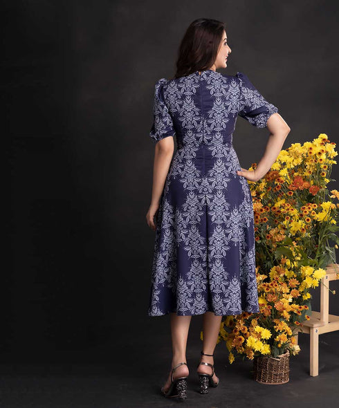 White Printed Navy Blue Chiffon Dress