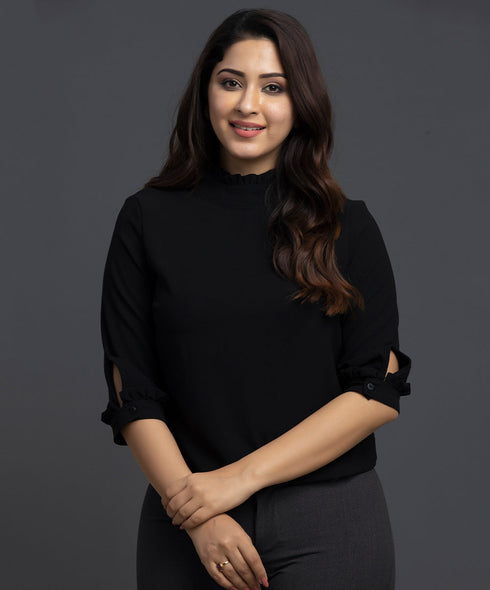 Cuff Neck Frilled Malbec Chiffon Top Black