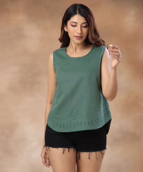 Embroidered Sleeveless Linen Green Top