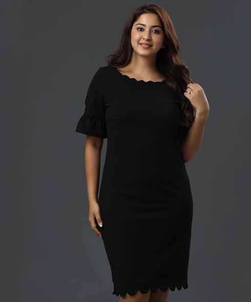 Scalloped And Sleeve Frilled Shift Dress