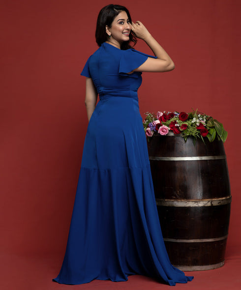 Royal Blue Sleeve Frilled High Low Maxi