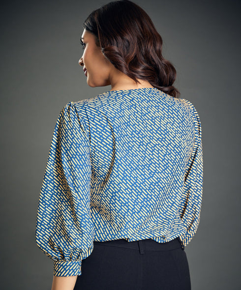 Navy Yellow Printed Side Pleated Top