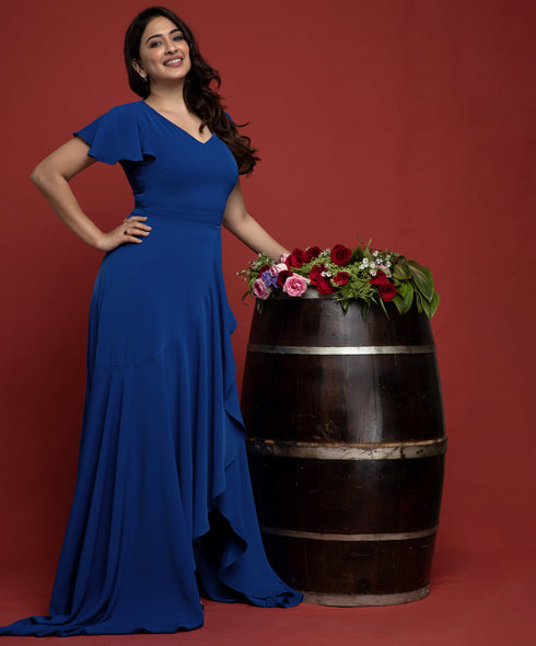 Royal Blue Sleeve Frilled High Low Maxi