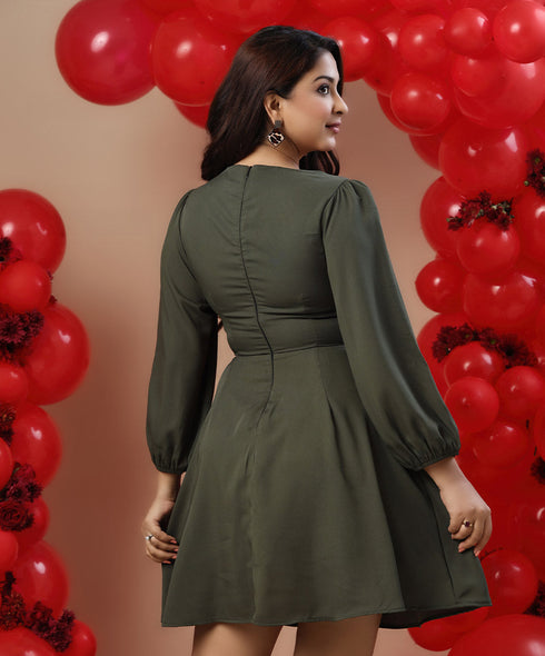 Bow Tie Deep Vneck Green Dress