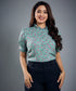 Sleeve Detailed Green Printed Formal Top