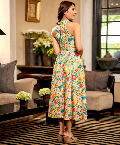 Halter Neck Floral Elegant Midi Dress