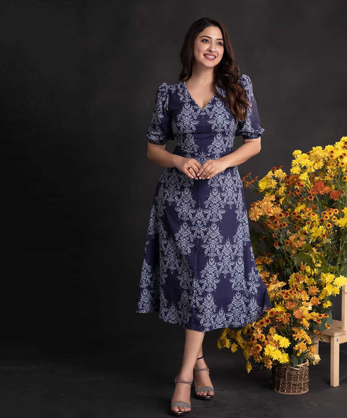 White Printed Navy Blue Chiffon Dress