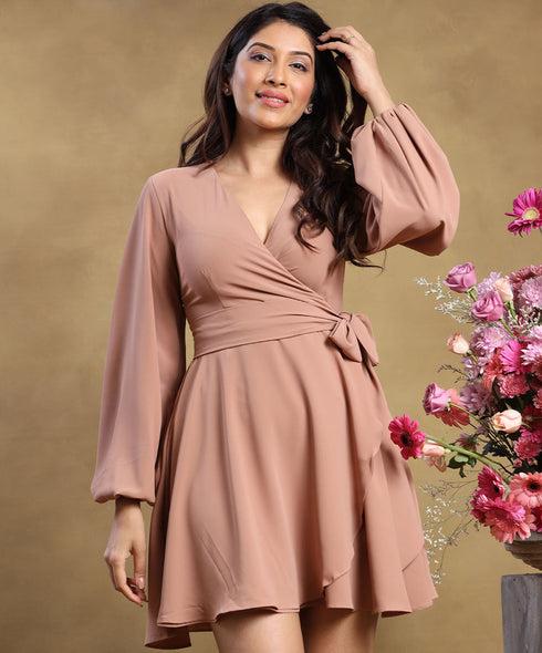 Vneck Lantern Sleeve Brown Dress