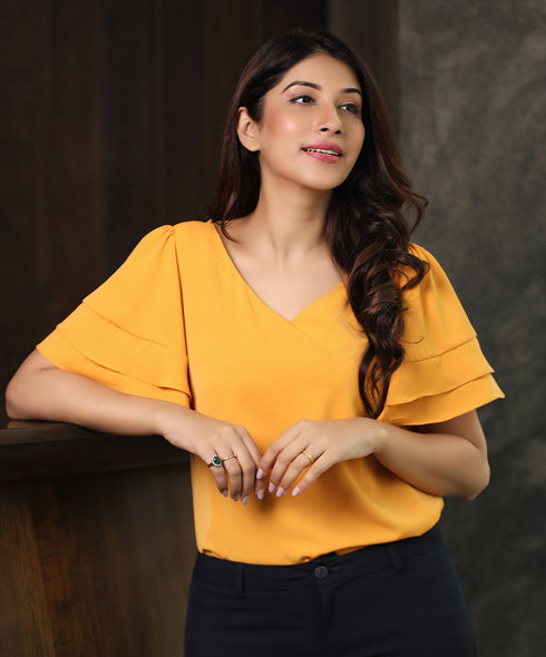 Vneck Double Flared Mustard Chiffon Top