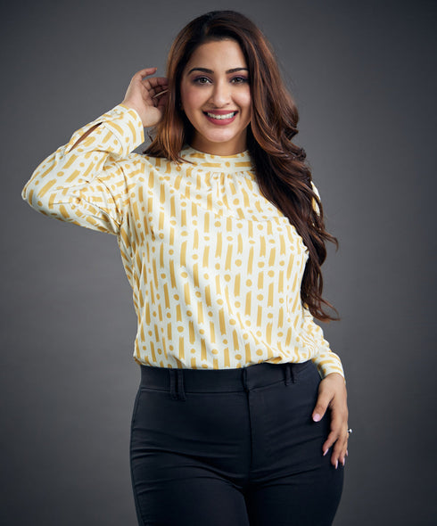 Long Sleeve Chiffon Yellow Printed Top