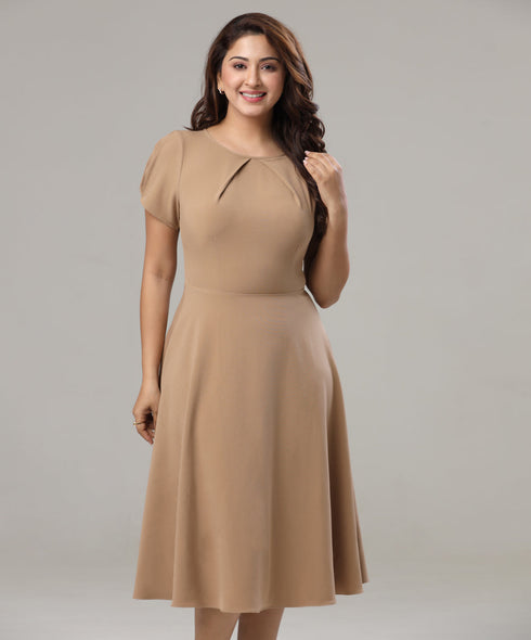 Front Neck Pleated Skater Beige Dress