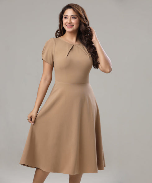 Front Neck Pleated Skater Beige Dress