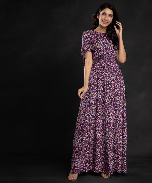 Sweet Sleeve Tie Micro Floral Maxi